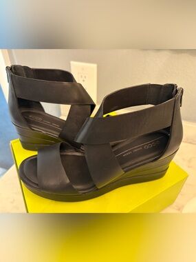 Ecco Black Leather Cross-Strap Wedge Sandals